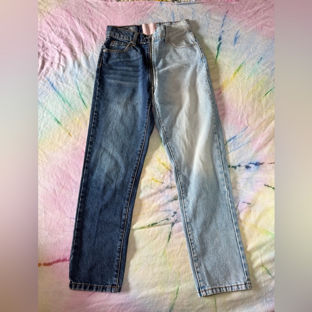 Revice Two Tone Split Zip Jeans Womens 26 Yin Yang Light Medium Wash Trendy Y2K